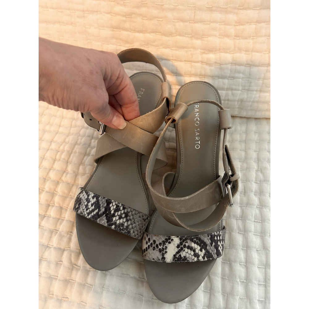 Franco Sarto Snake Print Cork Wedge Crisscross Leather Strap Sandal Sz 10 - Picture 2 of 9
